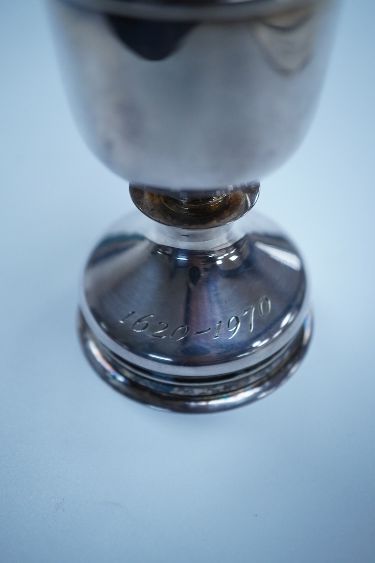 An Elizabeth II silver limited edition 'Mayflower' commemorative jug, maker P. Ltd, London. 1969, with engraved inscription and certificate of authenticity, no. 188/2000, height 14cm, 7.7oz.